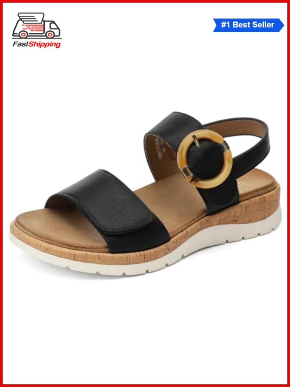 Womens Low Wedge Walking Sandals Arch Support Adjustable Faux Leather